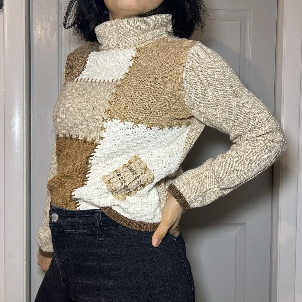 Vintage 90s  Fall Patchwork Knit Sweater Beige brown neutrals Medium turtleneck - Picture 3 of 8